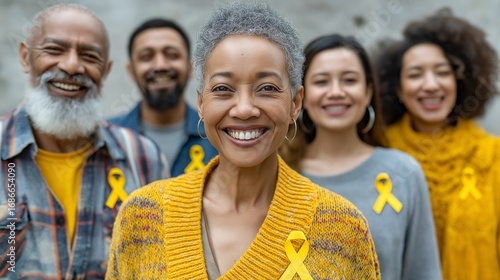 Group of diverse people wearing yellow ribbons, Setembro Amarelo concept
