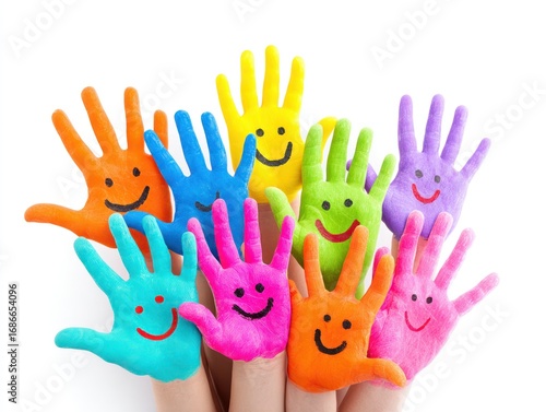 A bunch of colorful hands, painted with smiley faces, reaching upwards. Bright and cheerful against a white background. Children's art or community spirit