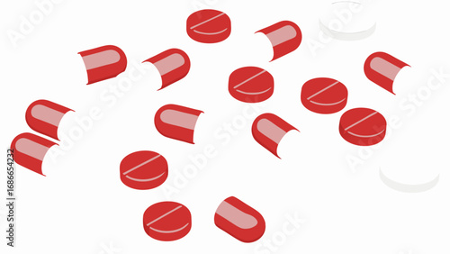 Healthcare and medicine concept with scattered red and white pills