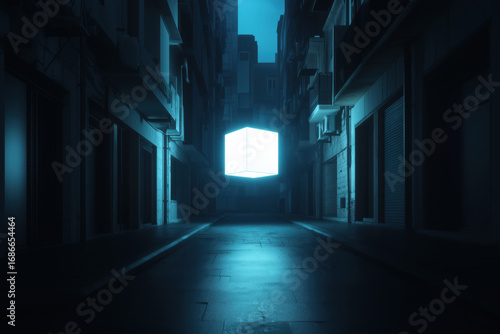 Empty urban alleyway at night featuring glowing illuminated cube floating in center, wet pavement reflecting blue light, modern buildings lining both sides, no people