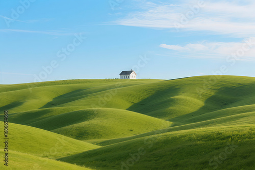 The boundless hilly green meadow, with a wavy shape, extends layer by layer from low to high. The foreground is empty and deserted, while in the distance, there is a White House in the middle.