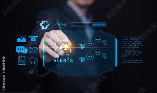 Futuristic AI agent assistant interface with chatbot, automation, and digital prompt generation, symbolizing artificial intelligence tools designed to support humans in modern business tasks.