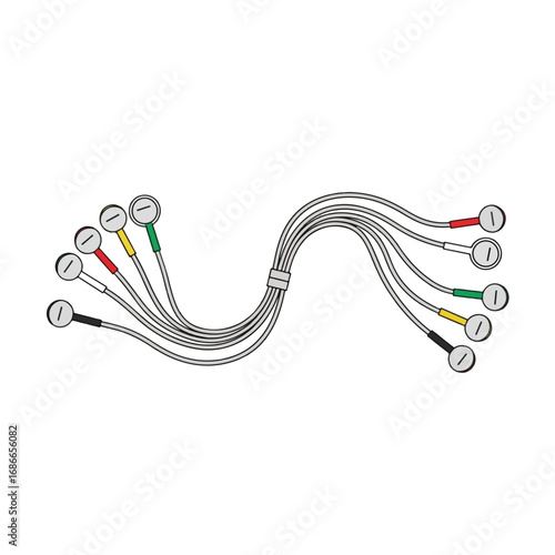 A set of ECG leads with color-coded connectors for medical monitoring.