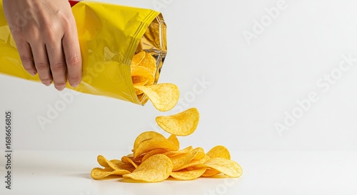 A hand tilts a yellow bag spilling crispy chips onto a white surface