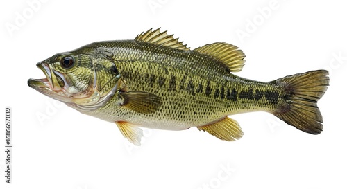 A largemouth bass fish green and black on a white background Mouth open