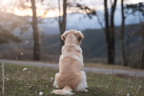 Back view of a golden retriever puppy sitting and looking at a beautiful natural landscape of mountains and trees in the afternoon. The image conveys a sense of tranquility