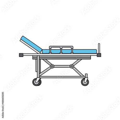 A side view illustration of a hospital stretcher or gurney with a light blue mattress, isolated on a white background.