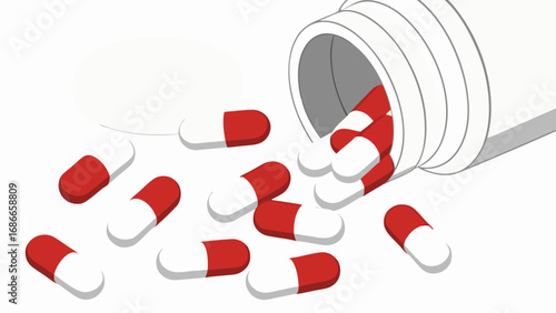 Medical treatment concept with red and white capsules spilled out of a bottle