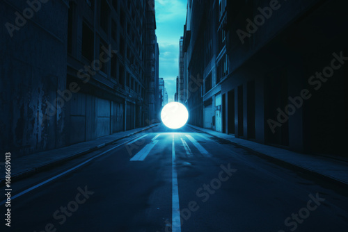 Empty urban street at night featuring glowing orb centered on road, tall buildings lining both sides, illuminated lines and shadows stretching toward foreground, no people