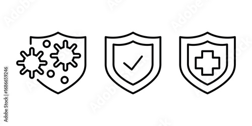 Immune system and antibacterial protection line icons