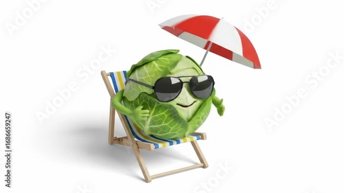 A cartoon-style cabbage with sunglasses relaxes on a beach chair under an umbrella on a white background