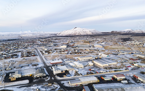 Aerial view of the evacuated town of Grindavik due to a volcanic eruption, Grindavik, GrindavÃ­kurbÃ¦r, Iceland.