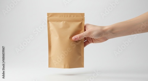 A tan pouch with a ziplock top is held by a hand against a white background