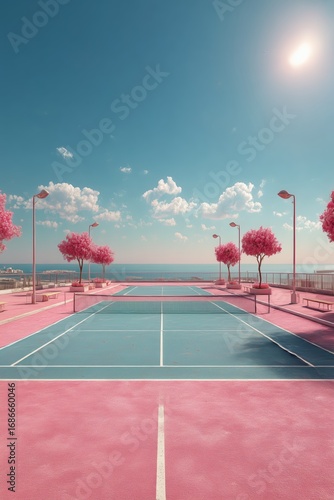 Cancha de tenis pastel rosa y azul junto al mar, arquitectura minimalista bajo cielo despejado, tenis aesthetic, pista de tenis vaporwave 