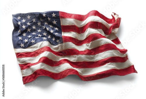 A gently crumpled US flag with rich, contrasting colors, lying flat against a white backdrop, casting a soft shadow