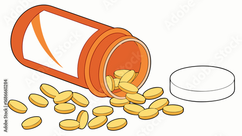A conceptual illustration of spilled medication from a prescription bottle