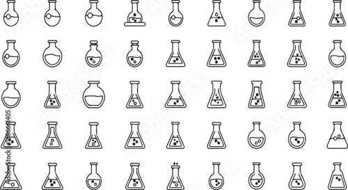 Collection of 40 different scientific glassware laboratory beakers flasks and test tubes icons vector