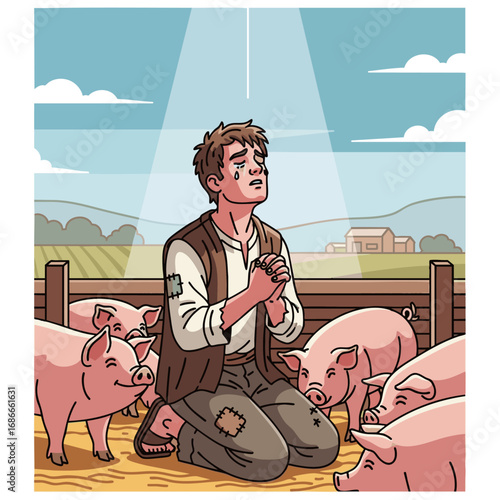The story of the Prodigal Son, Swine herd, praying to god, bible story