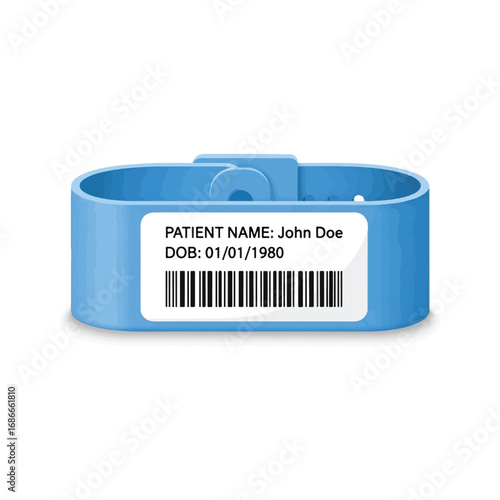 A close-up shot of a light blue patient identification wristband with printed information.