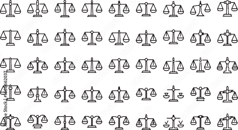 Fototapeta premium Collection of black line art balance scales icons representing justice law and fairness various designs vector