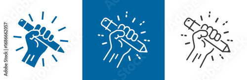 flat and linear set icons, pencil in closed hand icon, creative education revolution, lightning fist, simple symbols on white and black background - editable stroke vector illustration
