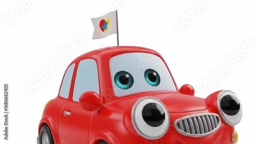 A cartoon-style red car with large, expressive eyes and a flag displaying heart, star, and other shapes, against a white background