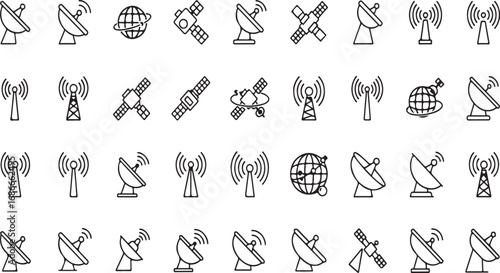 Diverse collection of antenna and satellite dish icons representing communication and technology concepts vector
