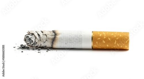 An extinguished cigarette with a filter ash and paper is lying on a white surface