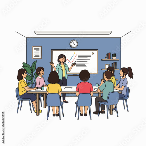 Professionals actively participate in a dynamic meeting, collaboratively discussing strategies and fostering team productivity in a contemporary workspace.