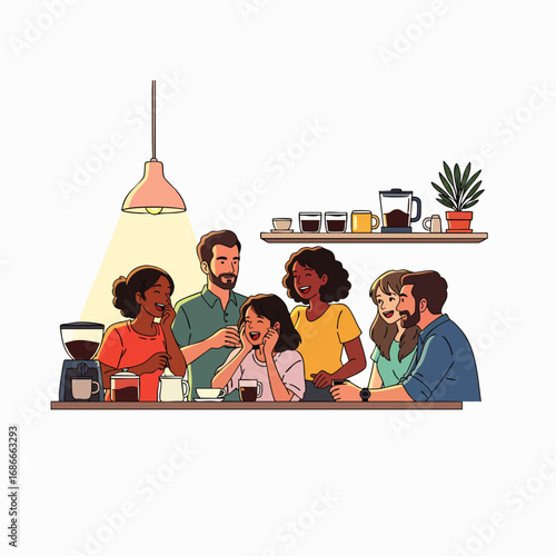 Diverse professionals engage in lively discussions and collaborate effectively within a vibrant coffee shop, reflecting modern hybrid work and community connections.