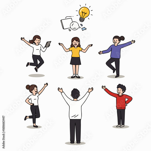 A diverse group of energetic individuals enthusiastically collaborates, sharing innovative ideas and fostering a dynamic work environment.