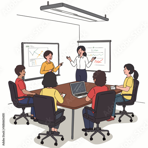 Professionals engage in dynamic discussions during a collaborative meeting, embodying modern hybrid work culture and fostering strong connections.