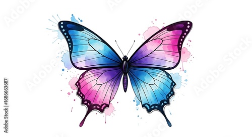 Watercolor Butterfly Illustration with Pink and Blue Splashes, Artistic Insect Design on White Background