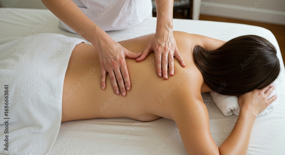 Fototapeta premium Back massage woman on a bed receives a massage from a person in a white uniform