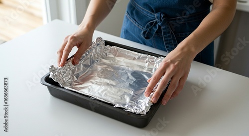 Baking sheet with foil held by hands on white surface