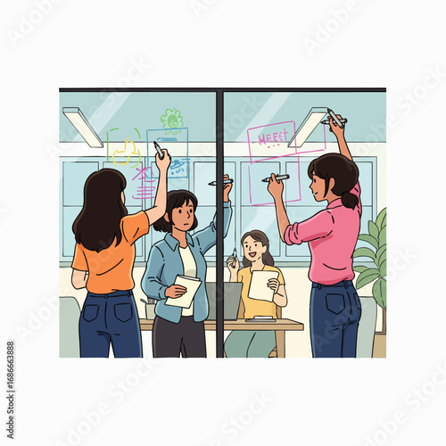 Professional women collaborate efficiently, brainstorming innovative ideas on a glass whiteboard in a modern office, reflecting the dynamic spirit of hybrid work.