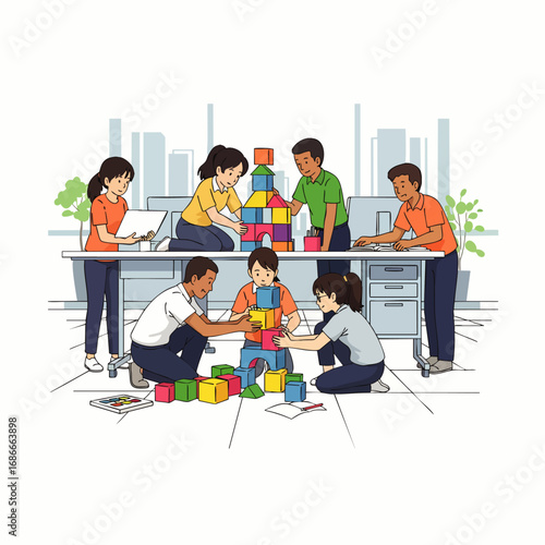 Diverse professionals engage in creative team-building with colorful blocks, fostering collaboration and innovative problem-solving in a modern office environment.