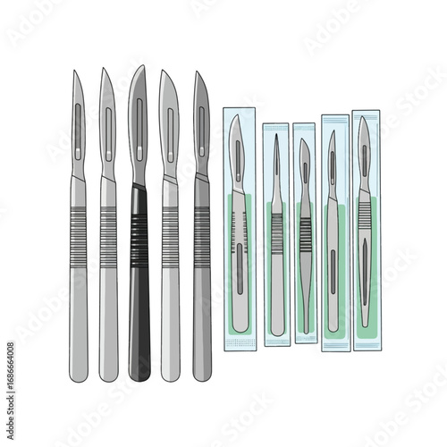 A collection of surgical scalpels, some with handles and blades, and others in sterile packaging.