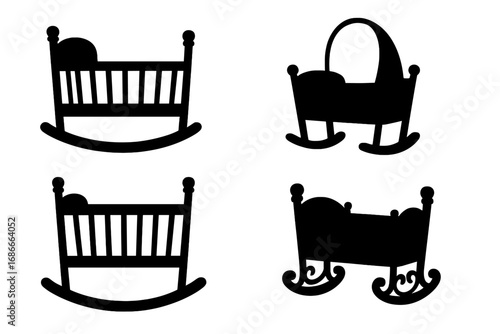 Baby cradle silhouette set. Various rocking crib and bassinet designs. Newborn nursery furniture icon collection. Infant bed vector illustration. Sleep and childcare concept.