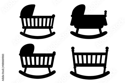 Baby cradle silhouettes set. Various rocking crib and bassinet designs in black. Vector illustration for newborn, nursery decor, baby shower invitation and sleep concepts.