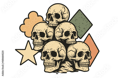 Pile of skulls tattoo hand drawing. Modern art vector illustration. Human skull concept for Halloween. Retro design with geometric shapes. Death symbol, spooky, horror theme.