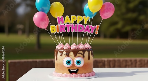 Fun Birthday Cake with Cartoon Face and Drip Icing, 
