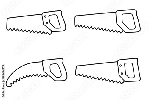 Hand saw icon set vector. Collection of outline handsaw symbols for carpentry and construction. Woodworking tool linear pictogram. DIY repair equipment simple sign collection.