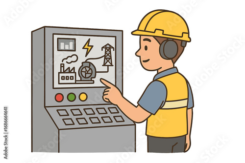 Electrical engineer or technician monitoring a control panel. Factory worker operating machinery for electricity generation in a power plant or manufacturing industry.