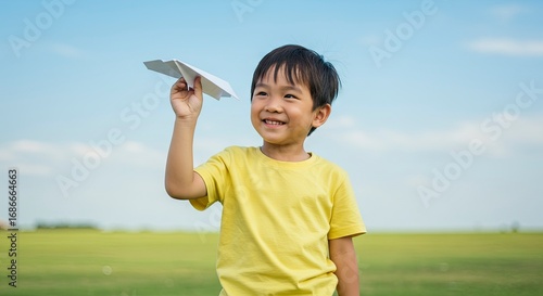 Boy yellow shirt outside paper airplane held high smiling green field blue sky