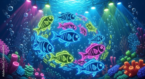 Neon Glowing Fish School Forming Circle in Vibrant Underwater Scene, Futuristic Marine Life Illustration