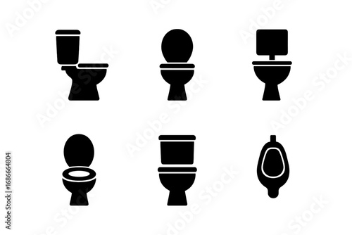 Toilet icon set. Collection of bathroom silhouettes. Vector graphic symbols for restroom, lavatory, WC. Minimalist flat design elements. Sanitary fixtures, urinal, toilet bowl.