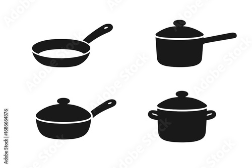 Cooking pan and pot icons set. Minimalist black silhouette kitchen utensils. Vector collection of saucepan, skillet, casserole. Cookware symbols for culinary graphic design.