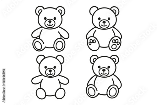 Cute teddy bear outline collection. Simple black contour set for kids. Vector cartoon illustration for coloring book, baby shower, nursery decor. Adorable toy animal graphic pack.