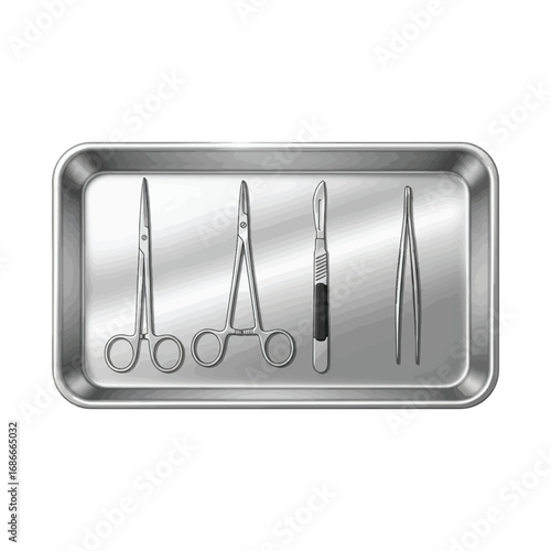 Surgical instruments on a metal tray, including scissors, forceps, and a scalpel.